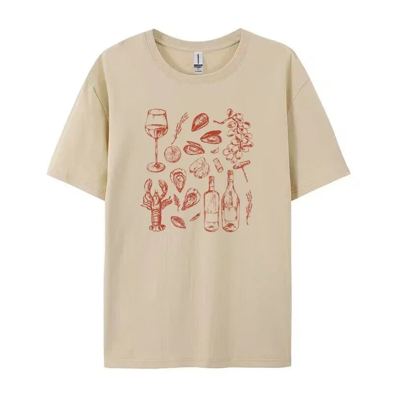 LIZAKOSHT  -  Italian Seafood Print T-Shirt Women Retro Style Vintage Aesthetic Oyster Lobster T Shirt Cute Foodie Shirt Loose Vacation Tops