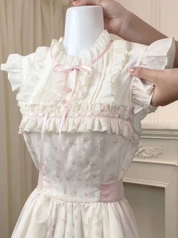 LIZAKOSHT  -  Vintage Japanese Print Elegant Sweet Slim Sleeveless Dress Summer New Designer Kawaii Warm Lace Pretty Bow Women's Dresses