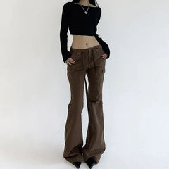 LIZAKOSHT  -  Flare Jeans Button Ribbon Low Rise Brown For Women Streetwear Y2K Aesthetic Cargo Jean Pants Vintage Denim Trousers