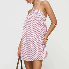 LIZAKOSHT  -  New Sexy Backless Lace Up Party Dresses Woman Chic Stripe Print Halter Mini Dress Summer Casual Sleeveless Hollow Out Boho Dress