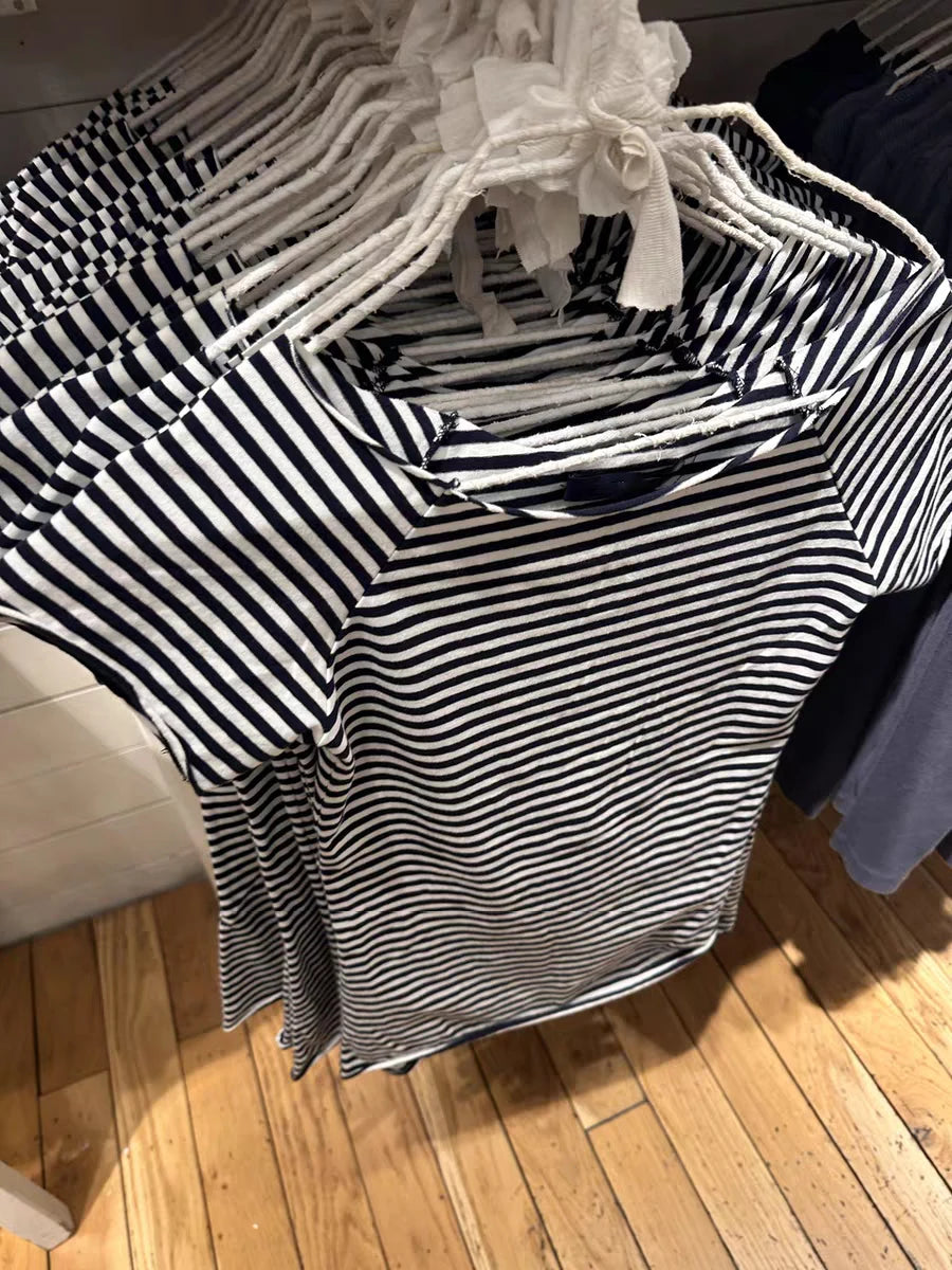 LIZAKOSHT  -  Navy Striped Slash Neck Slim T-Shirt Women New Raw Hem Short Sleeve Cotton Tees Summer Y2k Streetwear Vintage Tshirt Y2k Tops