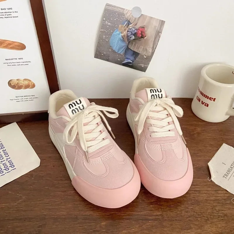 LIZAKOSHT  -  Pink Platform Sports Shoes Woman Niche Low-top Fashion Korean Style Autumn Women Sneakers PU Leathers Casual Shoes