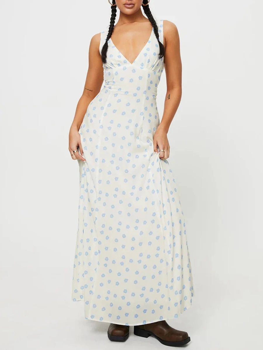 LIZAKOSHT  -  Women Y2k V Neck Maxi Dress Vintage Floral Print Sleeveless Backless Long Dress Bohemian Beach Midi Dress Streetwear