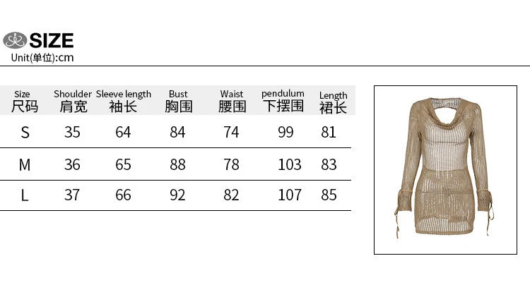 LIZAKOSHT  -  V Neck Backless Beach Mini Dress For Women Knitted Fishnet See Through  Long Sleeve Club Sexy Elastic Casual Party Vestidos