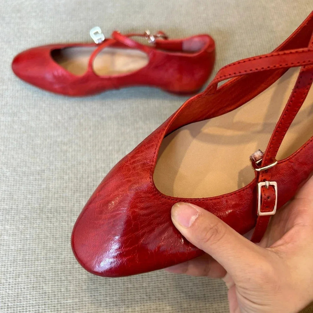 LIZAKOSHT  -  Brand Round Toe Flat Ballet Shoes Women Retro Soft Sole Mary Jane Shoes Cross-tied Comfy Low Heel Dress Shoe Casual Mules Shoes