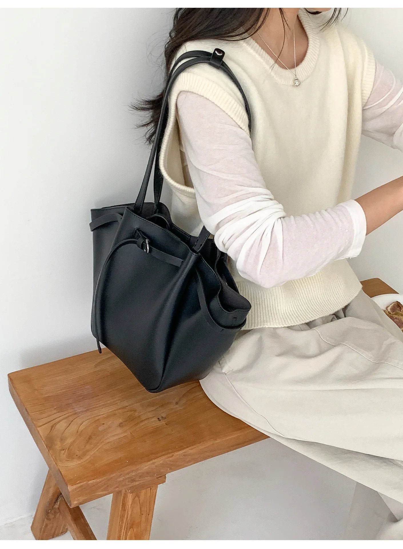 LIZAKOSHT  -  Soft PU Large Capacity Tote Bag Women Fashion Korean Style Commuter Shoulder Bag Solid Color Retro Minimalist Handbag
