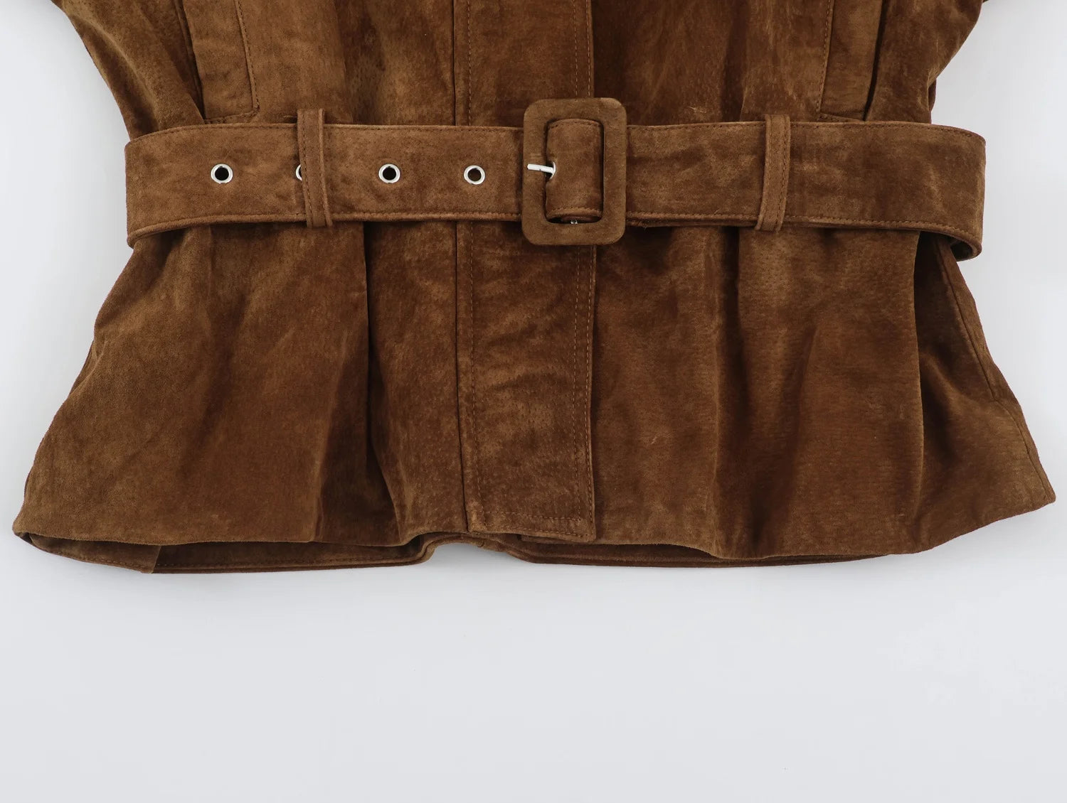 LIZAKOSHT  -  Brown Faux Suede Women Short Coat Stand Collar Zip Front Long Sleeve Waist Belt Buckle Loose Fit Vintage Retro Street Outerwear