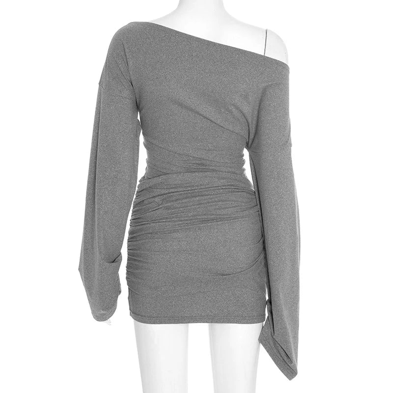 LIZAKOSHT  -  Women's Autumn Obliques Shoulder Long-sleeved Ruched Bodycon Solid Casual Women Mini Dresses Elegant Party Vestidos 2026