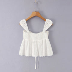 LIZAKOSHT  -  Sexy White Spliced Floral Print Elastic Strap Tank Top Women Hook Buttons Lacing Up Bow Front Elastic Back Crop Vest Beach