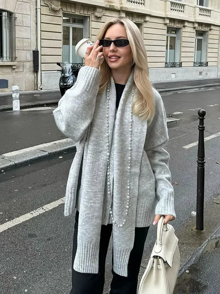 LIZAKOSHT  -  Elegant Solid Scarf Collar Knitted Cardigan Women Chic Full Sleeve With Pocket Loose Sweater New Autumn Lady Casual Street Wear
