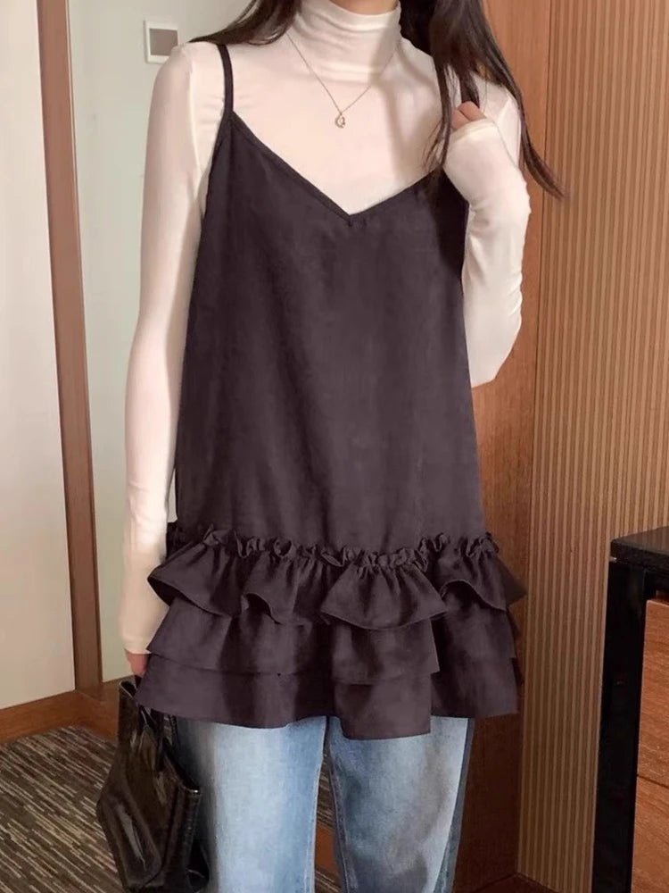 LIZAKOSHT  -  South Korea Chic Dress Spring French Temperament V-neck Loose Casual Splicing Layer Ruffled Halter Blouse Woman Dresses