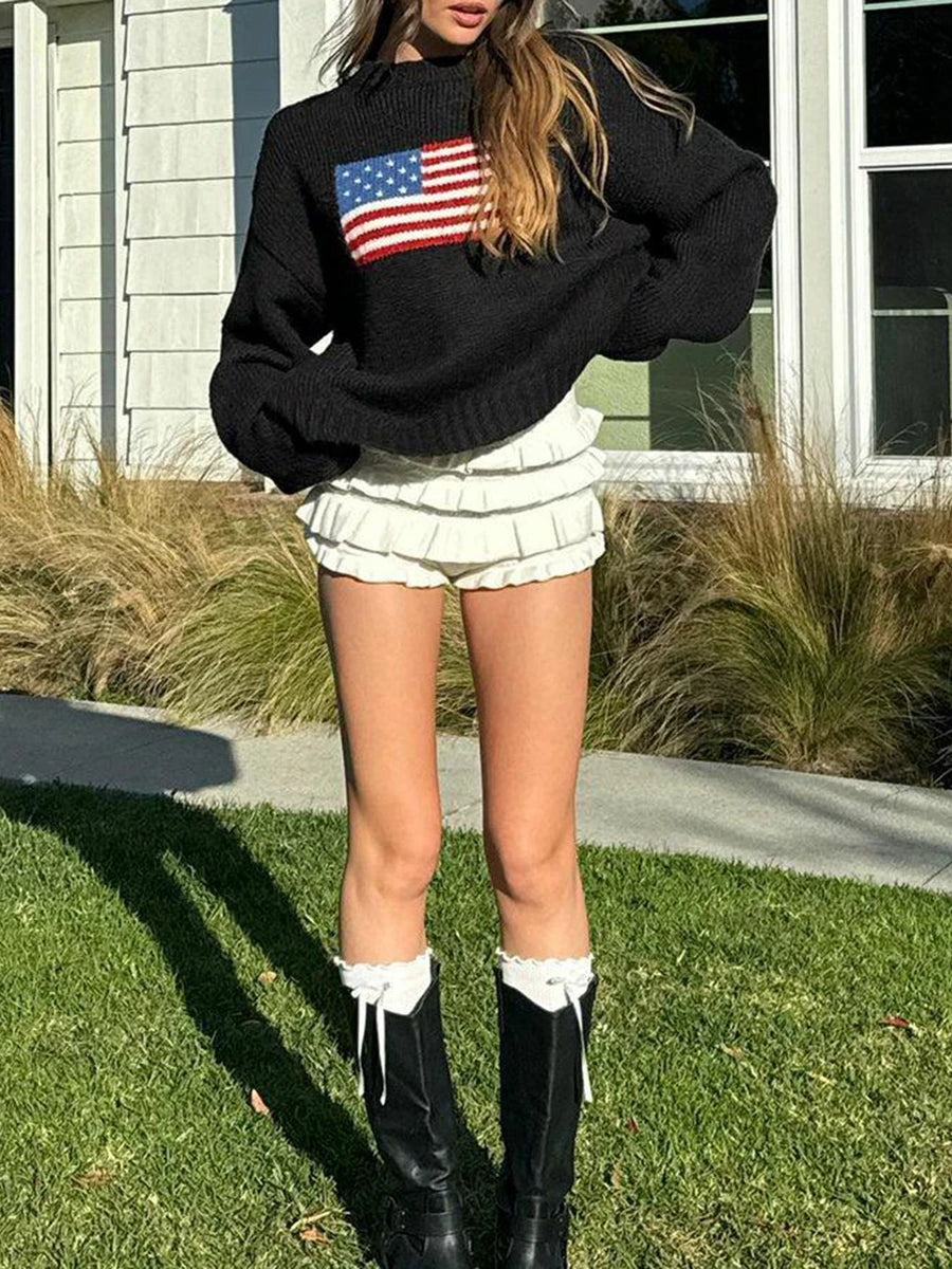 LIZAKOSHT  -  Women s Vintage American Flag Print Sweatshirt Long Sleeve Round Neck Loose Pullover Autumn Winter Tops Patriotic Fashion