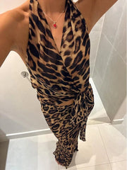 LIZAKOSHT  -  Leopard Print Bodycon Women Y2K Maxi Dress Set Summer Halter Backless Wrap Crop Top Long Skirts Two Piece Matching Sets Outfits
