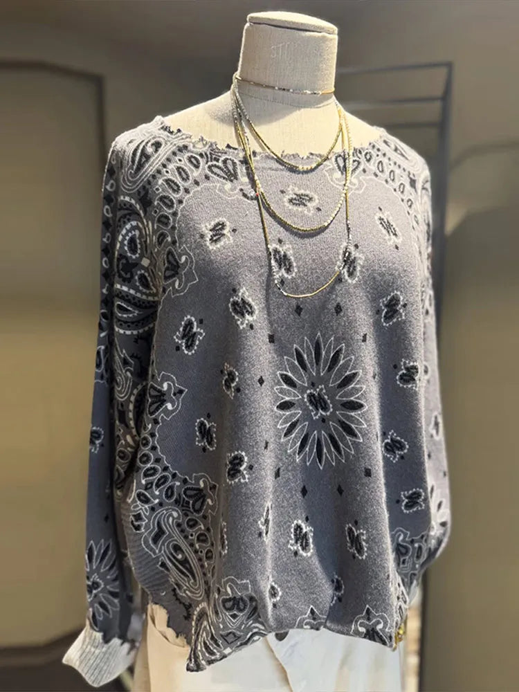 LIZAKOSHT  -  Fashion Paisley Print Knit Sweater For Women Elegant O-neck Long Sleeve Cropped Pullover Lady Spring Chic Street Outerwear