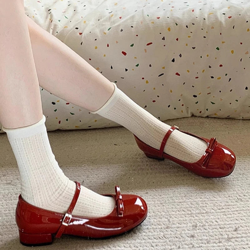 LIZAKOSHT  -  Spring Wine Red Women Mary Jane Shoes Shallow Ladies Casual Butterfly-knot Ballet Flat Shoes Eelgant Dress Leather Shoes