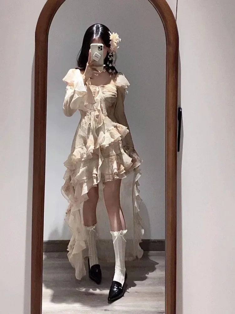 LIZAKOSHT  -  Elegant Fashion Tie Dye Dress for Women Y2k E-Girl Slim Waist 3D Ruffles Dresses Summer New Long Sleeve Vestidos Mujer
