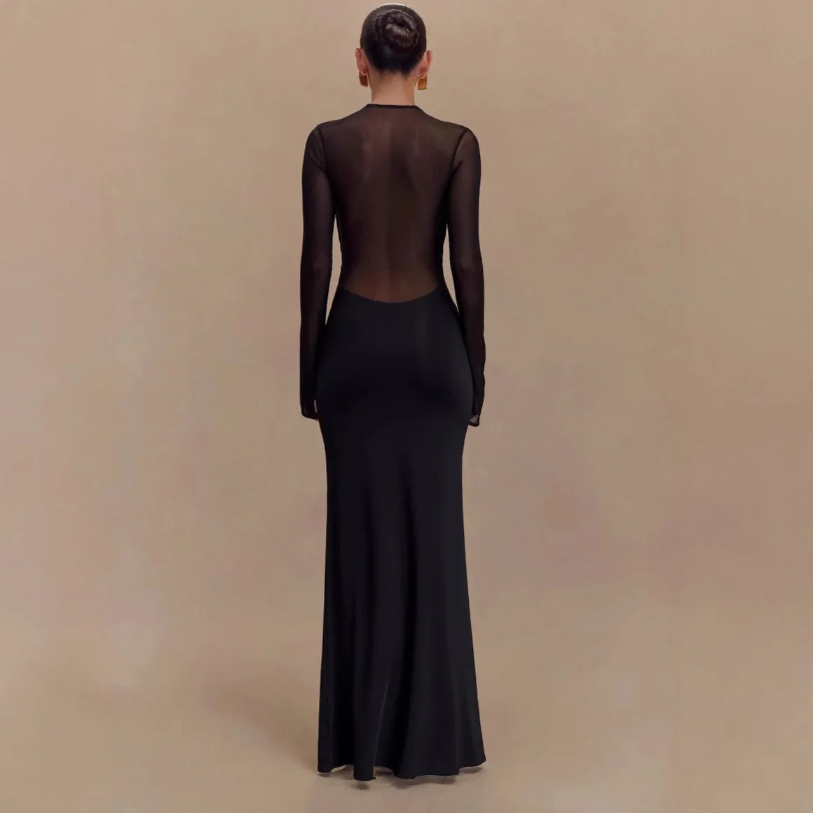 LIZAKOSHT  -  New Women Long Sleeve See Through Sexy Solid Color Elegant Pleated Dress