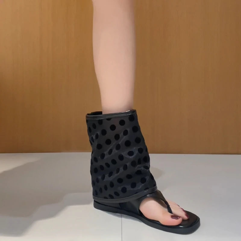 LIZAKOSHT  -  Vintage Spring Polka Dot Clip Toe Ankle Boots Women Flats Heels Shoes Street Style Dress Lightweight Gladiator Boots for Summer