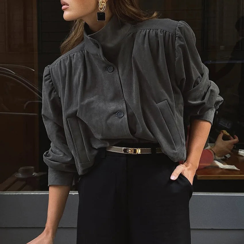 LIZAKOSHT  -  Elegant Fashion Brown Stand Collar Jackets Street Chic Single-Breasted Coat for Woman Gray Outerwear 2025 Autumn Long Sleeve Top