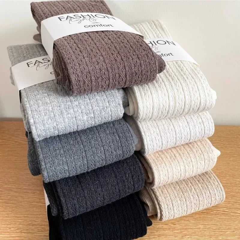 LIZAKOSHT  -  Japanese Winter Vertical Bar Warm Pantyhose Oat Color Skinny Full Foot Thickened Base Socks Candy Color Foundation Plush Tights