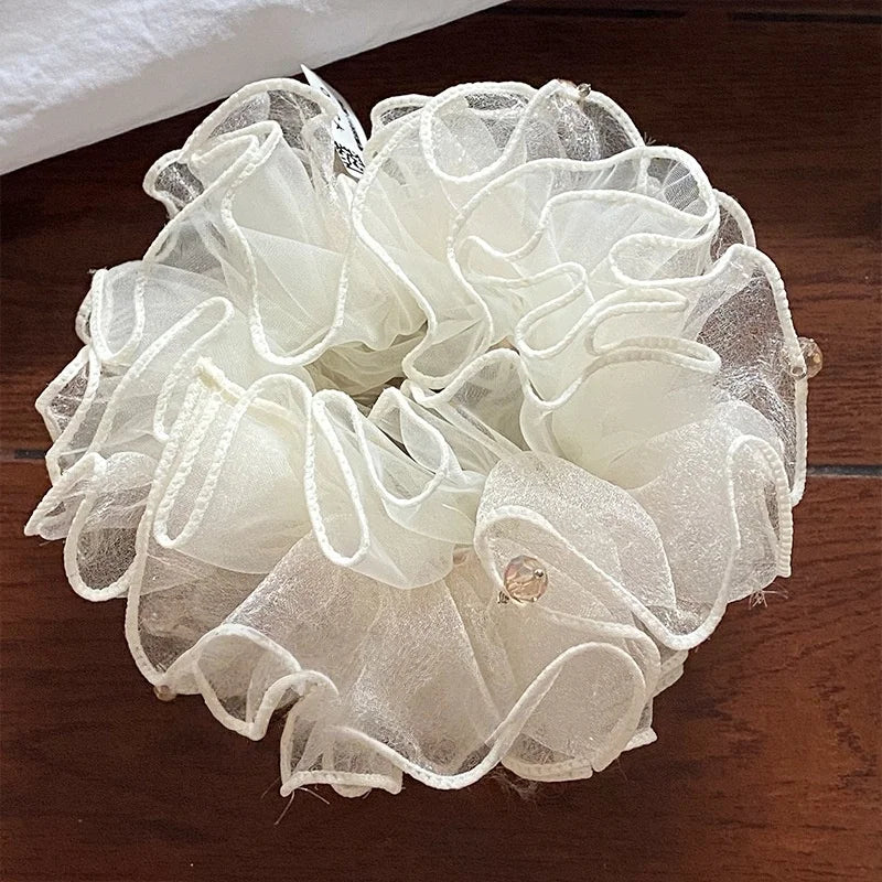 LIZAKOSHT  -  1PC White Veil Hydrangea Scrunchie with Crystal Hair Ornament, Elegant Bun Hair Rope, New Style Hair Accessory