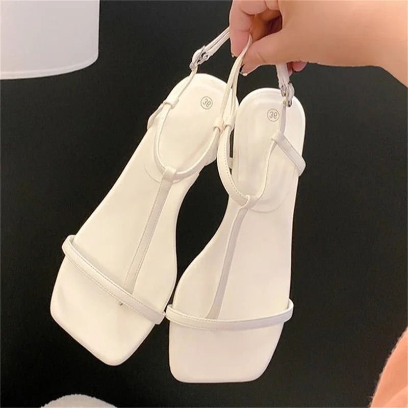 LIZAKOSHT  -  New Simple T-Strap Square Toe Flat Sandals Women Fashion Solid Color Soft Sole Roman Shoes Sandalias Mujer