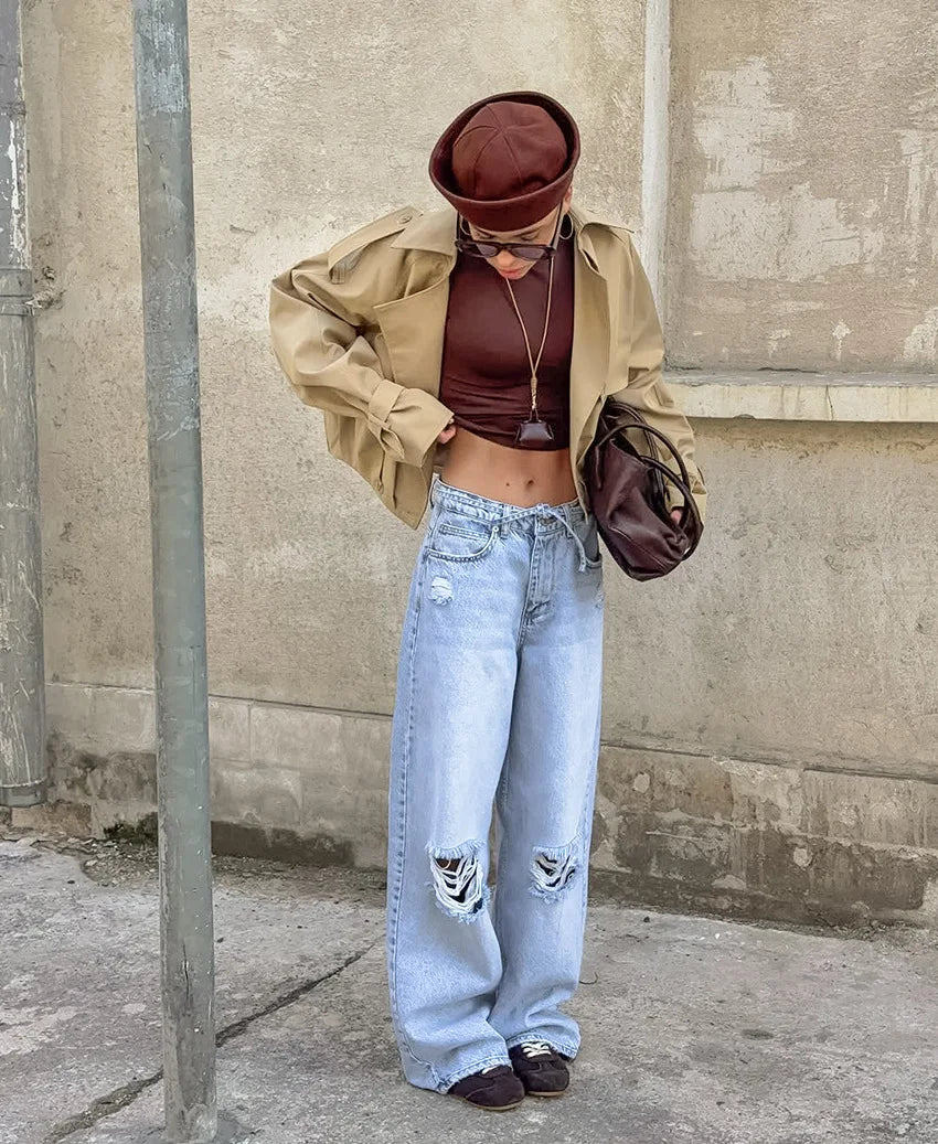 LIZAKOSHT  -  Autumn New Cropped Trench Jacket Women Streetwear Double Breasted Long Sleeve Casual Short Top Female Fashion Coat Outfits 2025