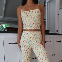 LIZAKOSHT  -  Women Y2K Floral 2 Piece Lounge Set Spaghetti Strap Crop Camisole Elastic Waist Wide Leg Pajama Pants Casual Sleepwear
