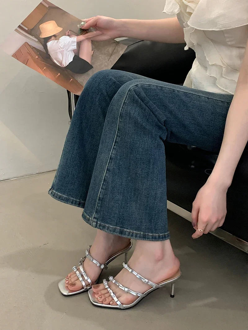 LIZAKOSHT  -  Leopard Narrow Strap Women Slippers 2025 Summer Fashion Party Thin Heel Satin Slide Sandals Sexy Square Toe Bowknot Mule Shoes