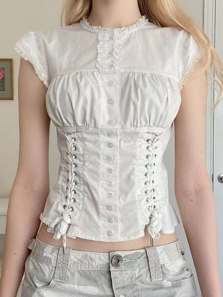 LIZAKOSHT  -  Casual Sweet White Slim Lace T-Shirts Designer Patchwork Hot Girl O-neck Sleeveless Tees Women Vintage Kawaii Fashion Shirt