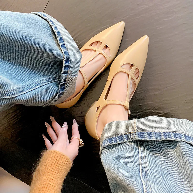 LIZAKOSHT  -  Fashion Women Shoes New High Quality True Leather T-shaped Buckle Pointed Low Heel Leather Shoes Summer Light Shoes