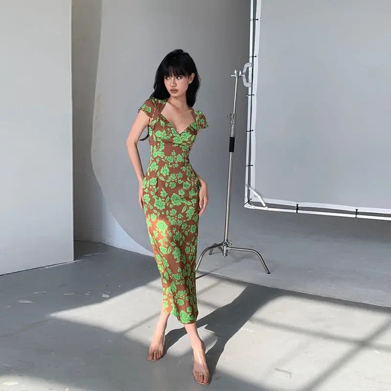LIZAKOSHT  -  Sexy Elegant Girl Deep V-neck Fishtail Style Printed Dress Long Dress New Summer