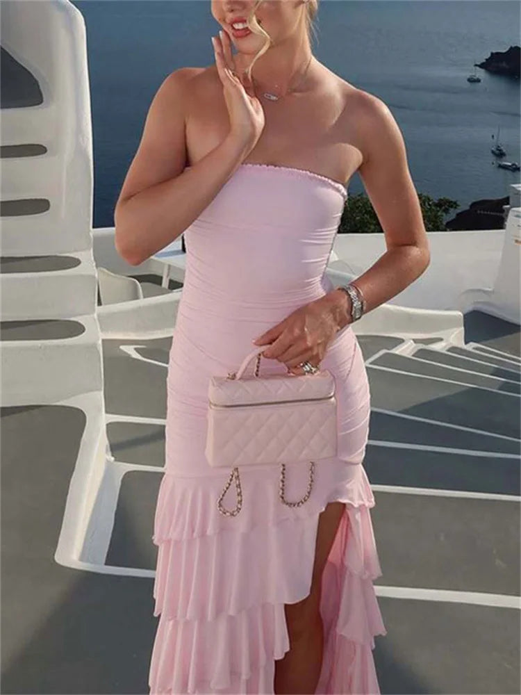 LIZAKOSHT  -  Ruffled Fashion Bandeau Maxi Dress For Women High Waist Slim Backless Patchwork Summer New Dress Female Bodycon Dress