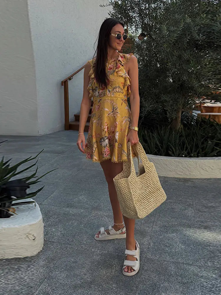 LIZAKOSHT  -  Fashion Yellow Floral Print Mini Dress For Women Casual O-neck Sleeveless Ruffle Trim With Lace Dress Lady Beach Vestidos