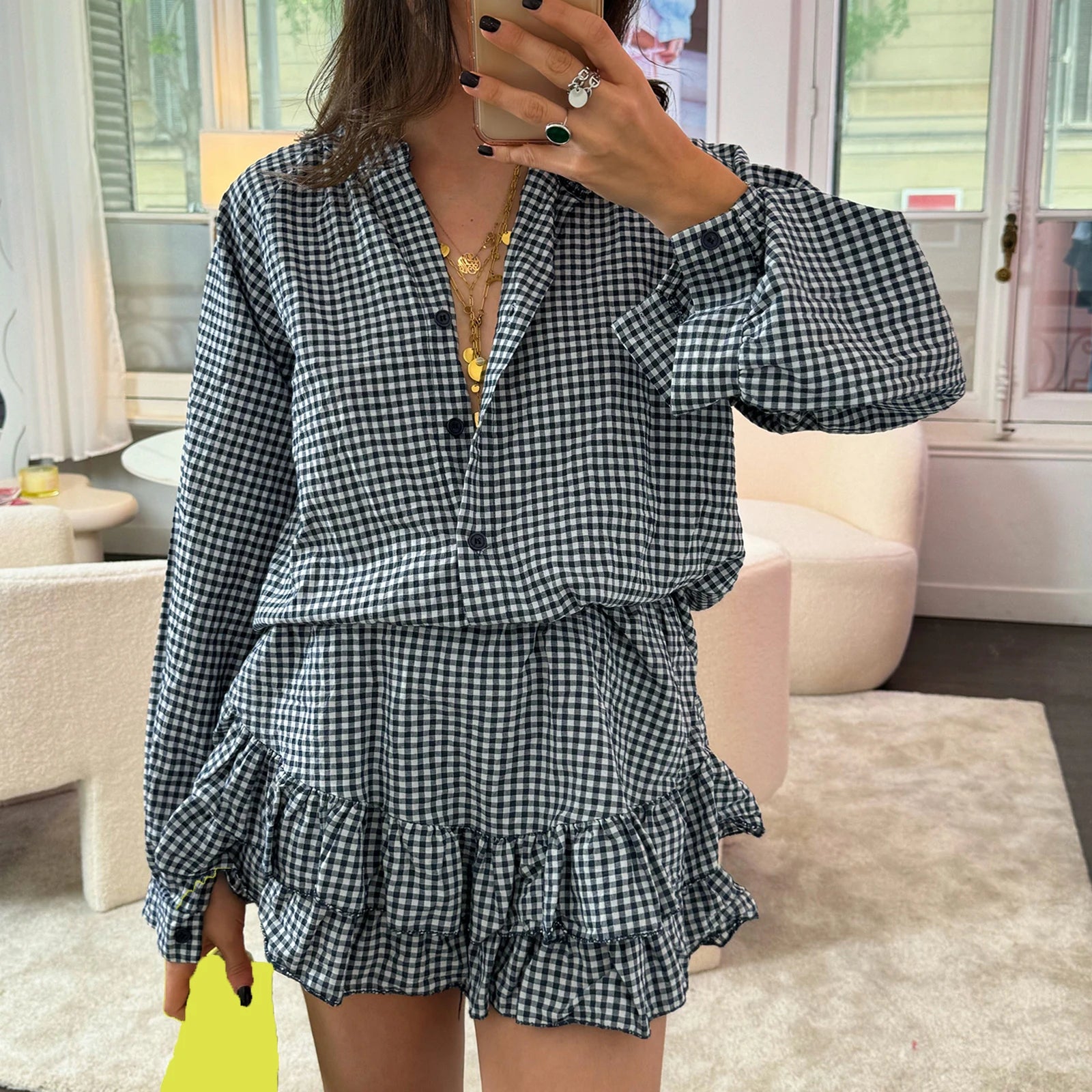 LIZAKOSHT  -  Women 2 Piece Beach Outfits Y2K Vintage Long Sleeve Button Plaid Tops Tiered Ruffle Skirted Shorts Sets Retro Streetwear