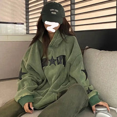 LIZAKOSHT  -  Harajuku Hoodie Women Streetwear Vintage Star Embroidery Y2k Tops Casual Hooded Korean Oversized Sweatshirt Clothes for Teens