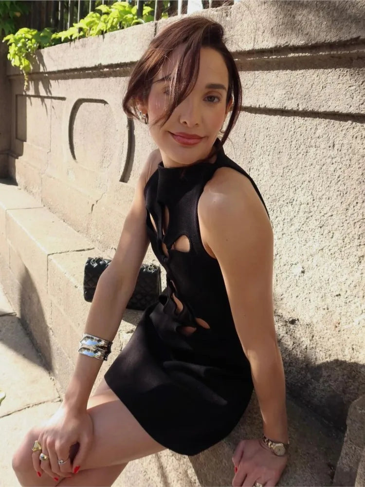 LIZAKOSHT  -  Hollow Out Sleeveless Dress Women Sexy Temperament Waist Cinching Slimming Elastic Summer Round Neck Hip Hugging Short Dress
