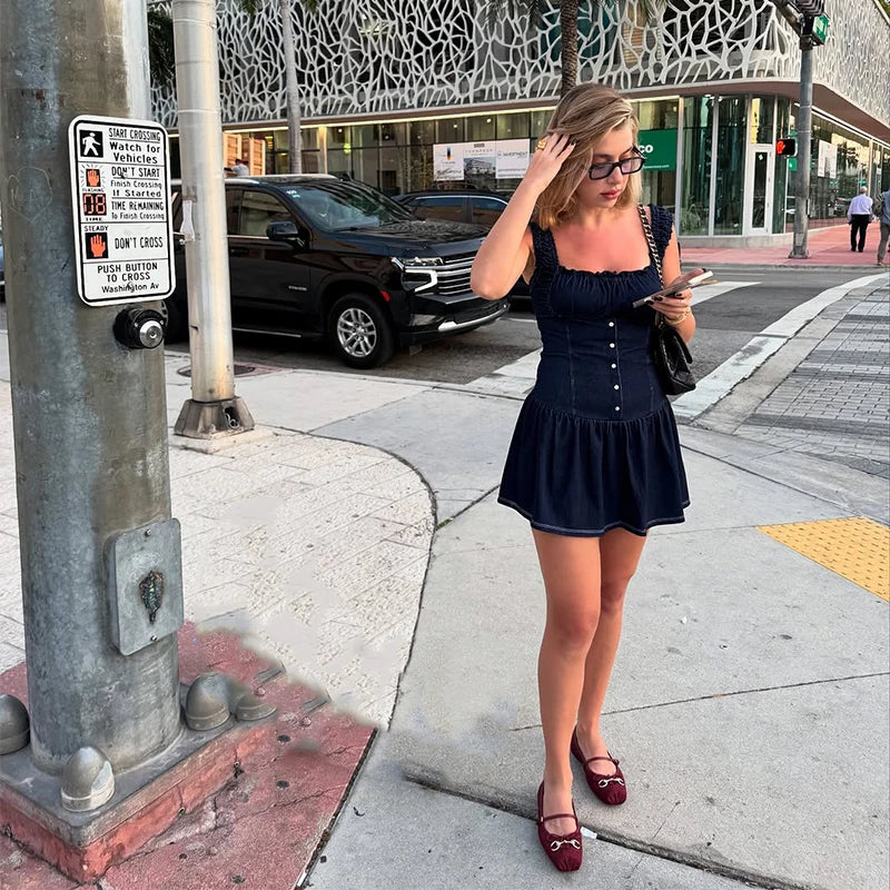 LIZAKOSHT  -  Vintage Women Cinching Waist  Denim Slip Pleated Dress Dark Blue A-line Strap Skirts Distressed Street Wear Casual Jeans Dress