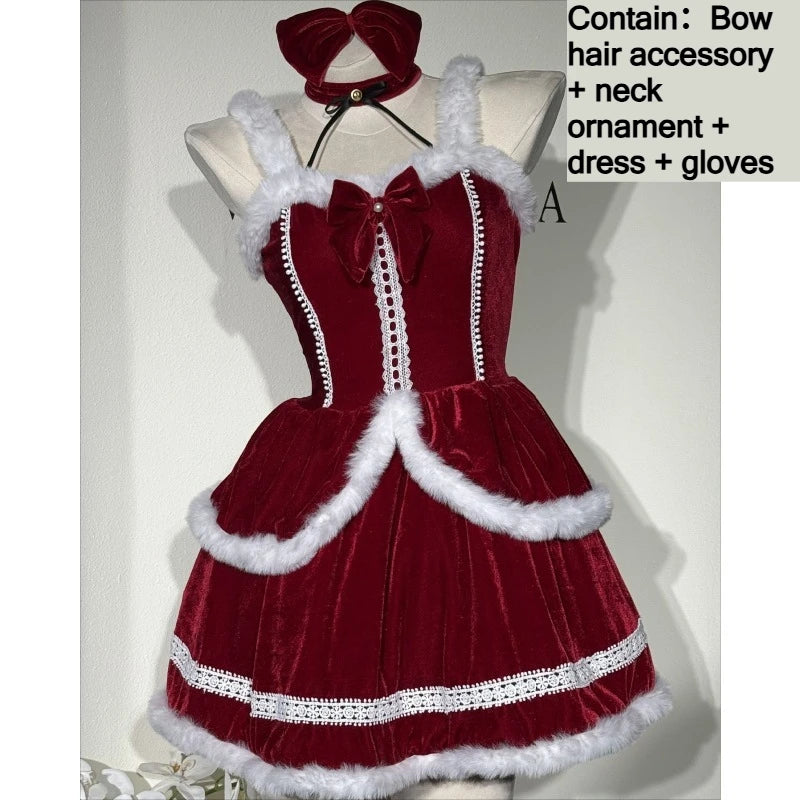  LIZAKOSHT  -  Women Christmas Wine Red Lace Fuzzy Trim Sleeveless A‑Line Dress with Bow Headband Festival Costume