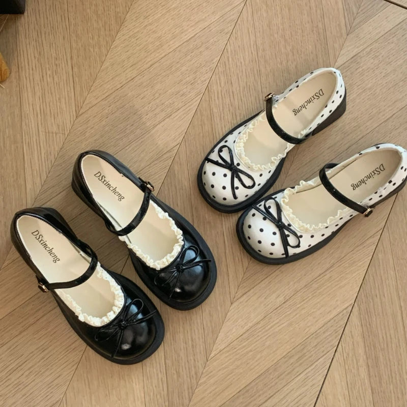 LIZAKOSHT  -  Cute Polka Dot Thick Heel Women Mary Jane Shoes Comfort Shallow Strap Pumps Ladies Eelgant Butterfly-knot Dress Single Shoes