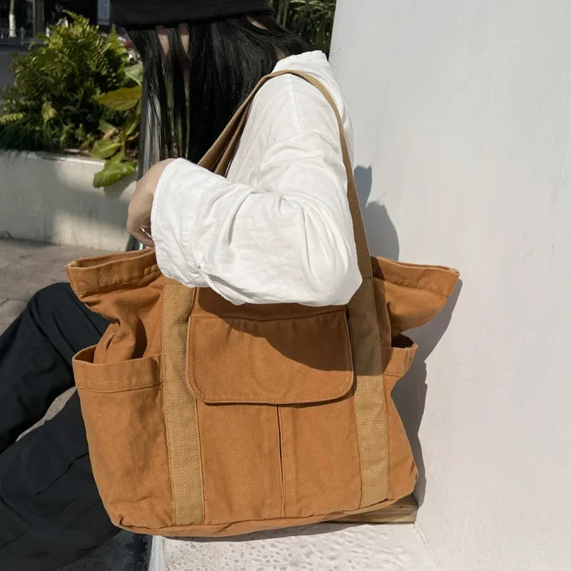 LIZAKOSHT  -  Women College Students High-capacity Shoulder Tote Bags Vintage Y2k Washed Canvas Bag Streetwear Grunge Casual Underarm Handbags