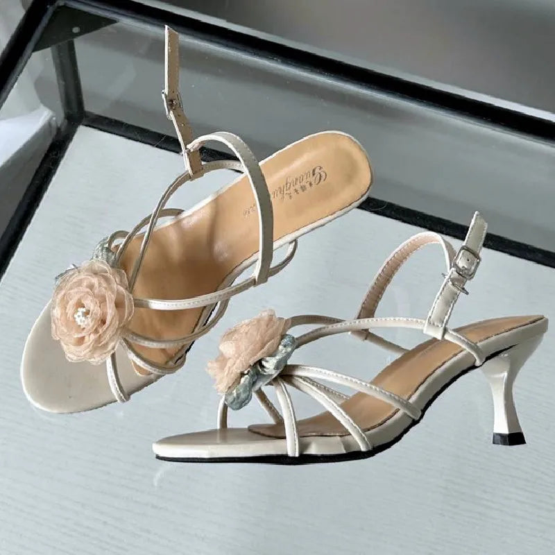 LIZAKOSHT  -  Floral Narrow Strap Designer Branded Sandals for Ladies Summer Open Toe Low Heeled Pumps Elegant Party Dress Buckle High Heels