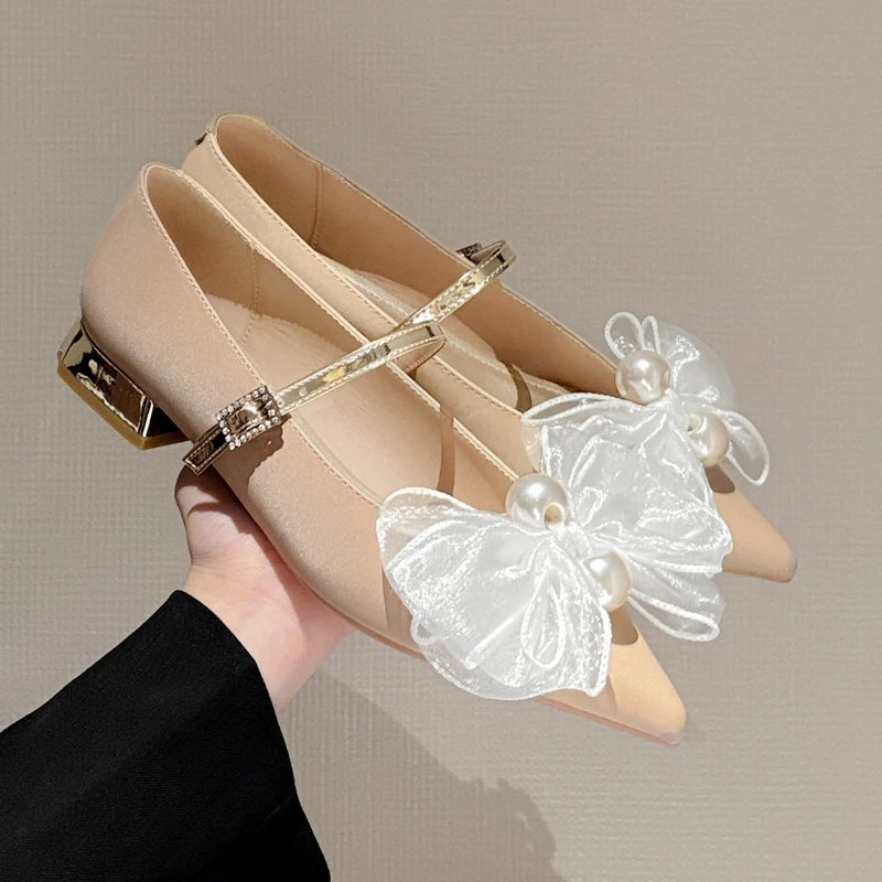LIZAKOSHT  -  Bowknot Elegant Low Heel Mary Jane Shoes Women Buckle Shallow Fashion Dress Shoes Female Autumn Pointed Toe Pumps Women Shoes