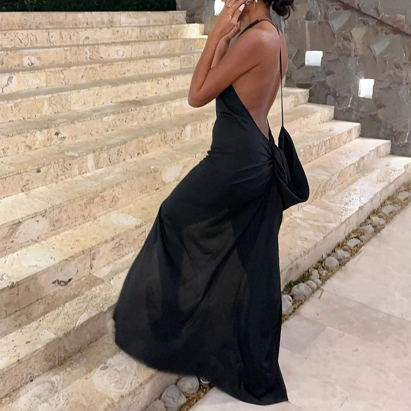 LIZAKOSHT  -  Fashion Sexy U Neck Backless Ruched Bodycon Maxi Dress Sleeveless Black Evening Party Slim Split Long Vestidos Ladies Streetwear