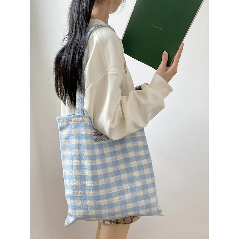 LIZAKOSHT  -  Women'S Canvas Plaid Printed Shoulder Bag Daily Commute Bag Large Capacity Supermarket Shopping Bag