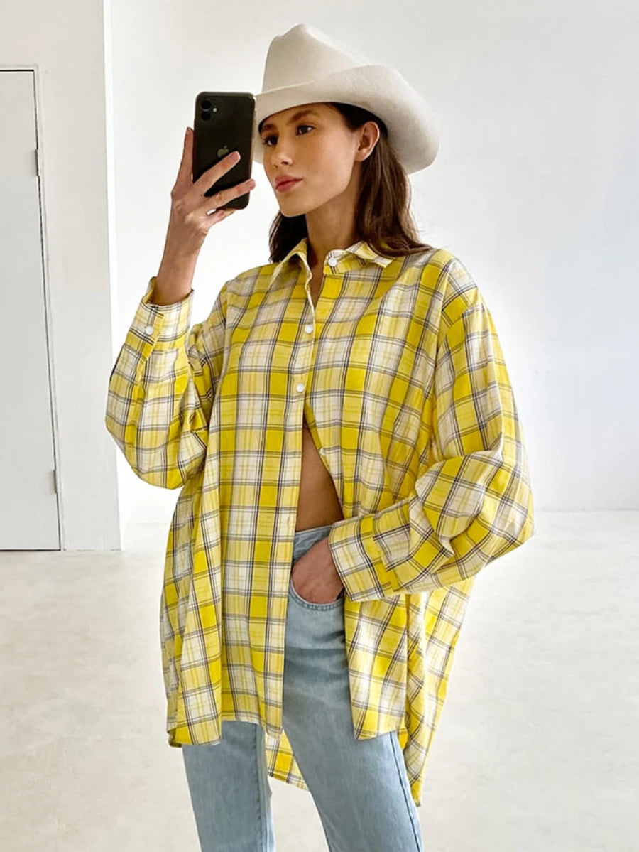 LIZAKOSHT  -  Bornladies 100% Cotton Women's Plaid Shirt Retro Fashion Long Sleeve Loose Top Summer Office Lady Casual Chic Cardigan Shirt