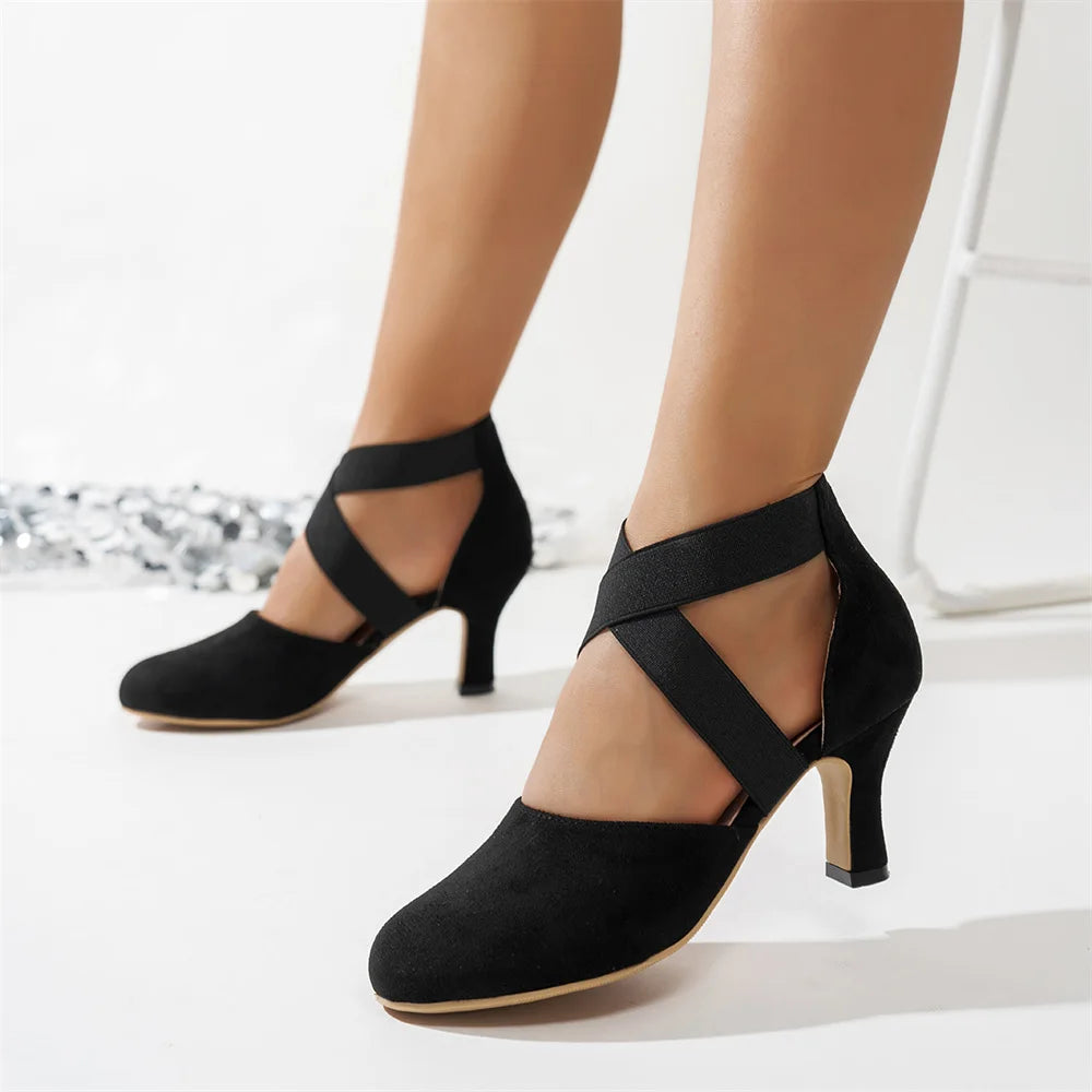 LIZAKOSHT  -  New Vintage Big Size 43 Black Kitten Heels Sandals Women Classic Summer Stretch Cross Strap Dancing Shoes Woman