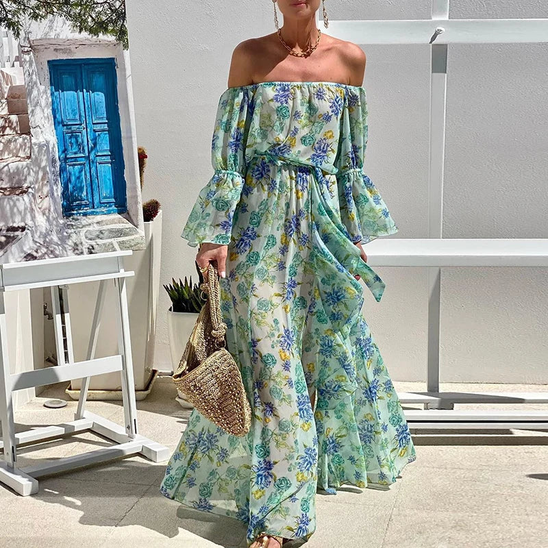 LIZAKOSHT  -  Elegant Flare Sleeve Female Dress Lady One Shoulder Lace-up Chiffon Vocation Dress Bohemian Elegant Draped Pleat Maxi Dress