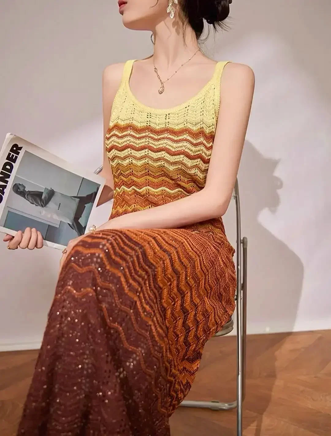 LIZAKOSHT  -  Knit Women Colorful Slip Long Casual Dress Square Collar Sleeveless Off-shoulder Slim Dresses Lady New Holiday Beach Gowns