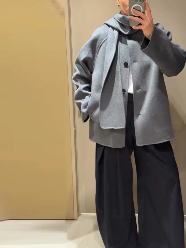 LIZAKOSHT  -  Solid Wool Cape Style Coat Women Scarf Detail Button Front Full Sleeve Loose Jacket 2025 Autumn Elegant Female Casual Outerwear